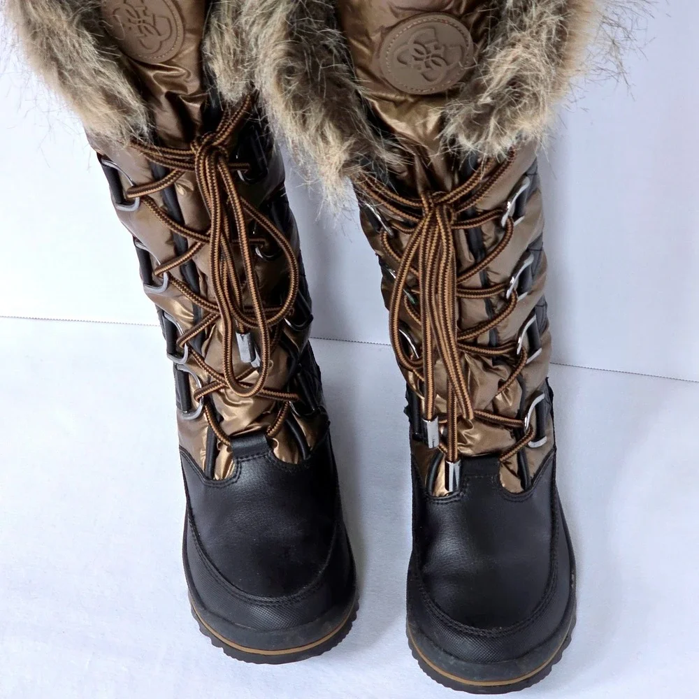 GUESS Hadly Womens Size 7M Tall Winter Boots Bronze Black Faux Fur Lace Up